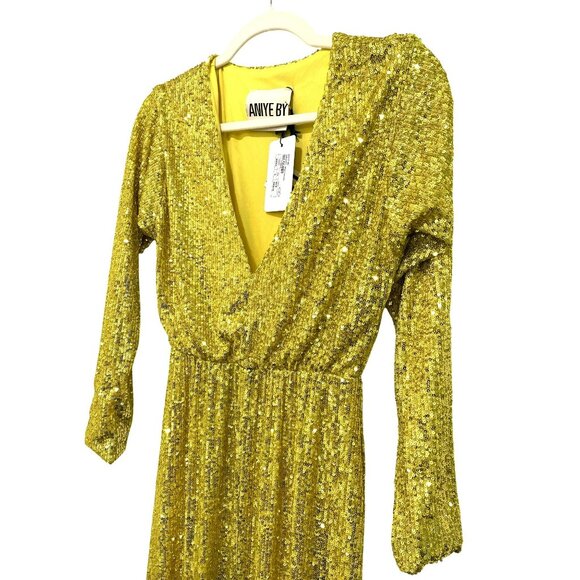 Aniye By Sequin Yellow Long Sleeve V-Neck Maxi Dress Womens S - Picture 3 of 7